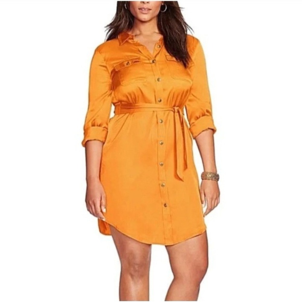 Lauren Ralph Lauren Women's Orange Long Sleeve Button Down Satin‎ Dress Size 18W